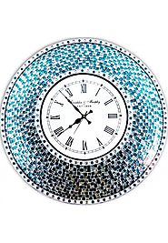 22.5" Silver Turquoise Wall Clock, Handmade Glass Mosaic Quiet Motion Wall Clock by DecorShore