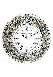 DecorShore 22.5" Mosaic Wall Clock, Decorative Round Wall Clock (Fired Jade / Silver) - Decorshore