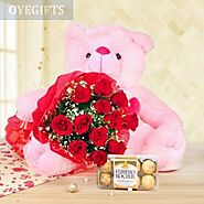 Bouquet of 12 Red Roses , Box of 16 Ferrero Rochers & 24 Inch Pink Teddy