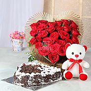 1 Kg Heart Shaped Black Forest Cake & 25 Red Roses with Teddy