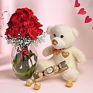 Buy Arrangement Of 20 Red Roses In Glass Vase , 12 Inch Teddy Box Of Ferrero Rocher 4 pcs - OyeGifts