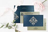 DARK BLUE SHIMMERY DAMASK THEMED - SCREEN PRINTED WEDDING CARD : CG-8257G - IndianWeddingCards