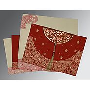 FALU RED HANDMADE COTTON EMBOSSED WEDDING CARD : CI-8234L - IndianWeddingCards