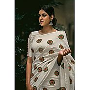 Latest Pakistani Party Wear White Fancy Embroidery Chanderi Designer Saree With Blouse