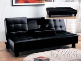 Futon Sofa Bed Black Fold Down Center Vinyl Leather Finish Black Legs Middle Cup Holder Tray