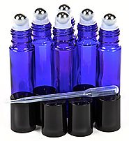 6, Cobalt Blue, 10 ml Glass Roll-on Bottles with Stainless Steel Roller Balls - .5 ml Dropper Included