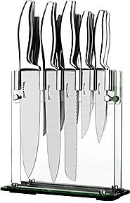 Utopia Kitchen Knife Set - 12 Pieces - Steel Handles - Stainless Steel Knives with Acrylic Stand
