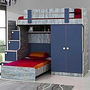 Blueish Designer Bunk Bed: Stairs with chest of drawers, 2 door wardrobe and a children's bed