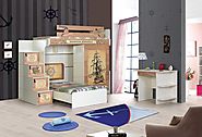 Contemporary Barbaros Bunk Bed: Stairs with chest of drawers, 2 door wardrobe, children's bed and a study desk