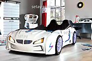 BMW M3 WHITE KIDS CAR BED with REAR RAISED LEATHER SEATS and LED LIGHTS