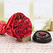 10 Red Rose 1 Truffle cake 500gms Red Paper Packing