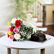 Buy 8Mix Roses and Half Kg Cake Online Same Day Delivery - OyeGifts.com