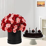 Buy or Order 80 Pink - Red Roses Box with Chocolate Cake Online | Same Day Delivery Gifts - OyeGifts.com