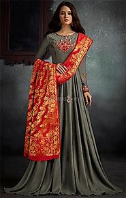 Buy Crafty Floral Shadow Brown Stitched Long Viscose Gown For Function