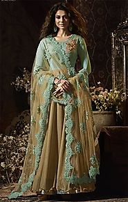 Indian Actress Jennifer Winget Exhibit Beige Green Empire Waist Gown