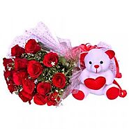 Teddy Bear with Flowers | Send Flowers and Teddy Bears to India - OyeGifts
