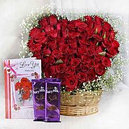 50 Red Roses Heart Shaped Basket Arrangement with Card & Dairy Milk Silk