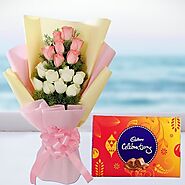 Buy or Order Pink White Roses With Celebration Online | Midnight Gifts Online - OyeGifts.com