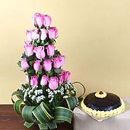 Buy Exotic Pink Roses Arrangement and Chocolate Cake Online - OyeGifts.com