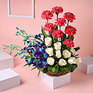 Buy Orchid Carnation & White Roses Basket Arrangment - OyeGifts
