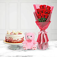 Mouth Watering Red Velvet Cake with Red Roses Bouquet N Teddy - OyeGifts