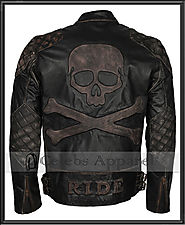 Men's Biker Distressed Black Speed Metal Skull Embossed Rider Leather Jacket