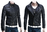 Handmade Men Black Leather Jacket front button with Belted Collar