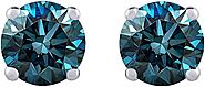 Blue - I1 Round Brilliant Cut Diamond Earring Studs in 14K Gold