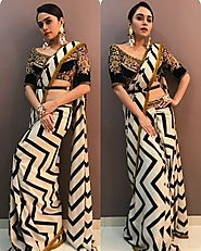 Amruta Khanvilkar White Fancy Embroidery Work Crepe Designer Saree – Mahi Fashion