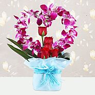 Buy or Order Heart Shaped Orchids and Roses Arrangement Online | Midnight Gifts Online - OyeGifts.com