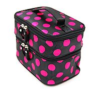 Small Cosmetic Makeup Organizer Bag, BONAMART - Double Layer Black Pink Dot Travel Toiletry Bag With Mirror (7.87 x 4...