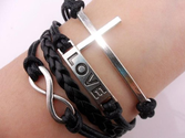 Vintage Silver Cross Bracelet Infinity Love Black Leather Rope Infinite Bangle