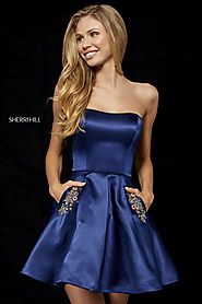 Strapless Sherri Hill Short Satin Homecoming Dresses 2018 Navy Style 52190 [Sherri Hill 52190 Navy] - $190.00 : 2017 ...