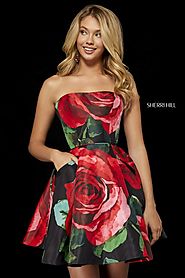 Sherri Hill Strapless Black/Red 2018 Short Floral Printed Prom Dresses 52267 [Sherri Hill 52267 Black/Red] - $300.00 ...