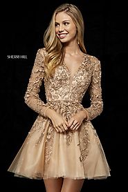 2018 Sherri Hill 52343 Short Tulle Cocktail Dresses Gold Applique Long Sleeves [Sherri Hill 52343 Gold] - $250.00 : 2...