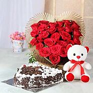 1 Kg Heart Shaped Black Forest Cake & 25 Red Roses with Teddy