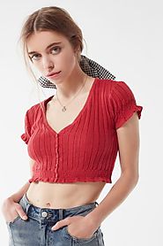 UO Ellen Pointelle Button-Down Cropped Sweater
