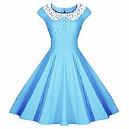 Samtree Women's Vintage Audrey Hepburn Style Classy Floral A-line Swing Dress(Asia XL,Blue)