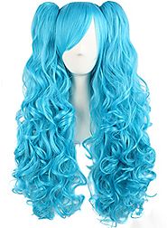 MapofBeauty 28"/70cm Lolita Long Curly Ponytails Wig (Blue)