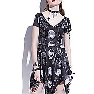 Jessieco Gothic Asymmetrical Dress Skeleton Bone Print