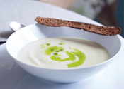 Cauliflower Soup with Chive Oil and Rye Crostini