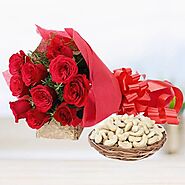 Red Roses And Half kg Cashew with a Basket