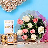 Rakhi With 10 Pink N White Roses Bouquet N Ferrero Rocher