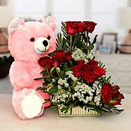 BUY NOW Share Pink Teddy Bear with Exotic Red Rose Basket