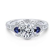 Chrystie | Vintage 14k White Gold Round 3 Stones Halo Diamond A Quality Sapphire Engagement Ring