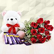 Bunch of 12 Red Roses with 12 Inch Teddy & 5 Dairy Milk Chocolates