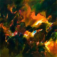 Autumn time : red glowing embers in the fireplace - Abstract Orange and dark green 