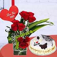Buy or Order Red Rose Vase with Butterscotch Cake Online | Same Day Delivery Gifts - OyeGifts.com