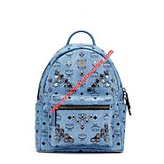 MCM Small Stark M Studs Visetos Backpack In Washed Blue