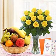 Buy or Order Yellow Roses Vase With Fruit Basket Online | Same Day Delivery Gifts - OyeGifts.com